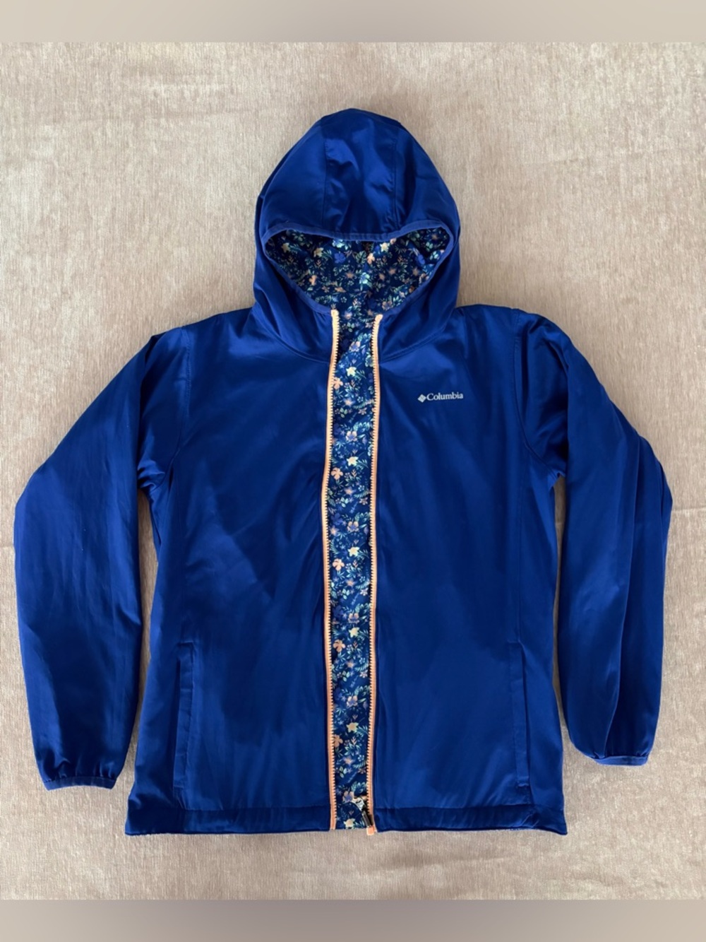 Columbia Kids Pixel Grabber Reversible Hooded Jacket Blue Floral - Size L - Picture 7 of 8